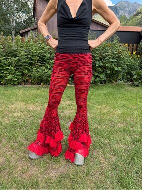 Jaded London Red & Black Zebra Ruffle Flare Pants